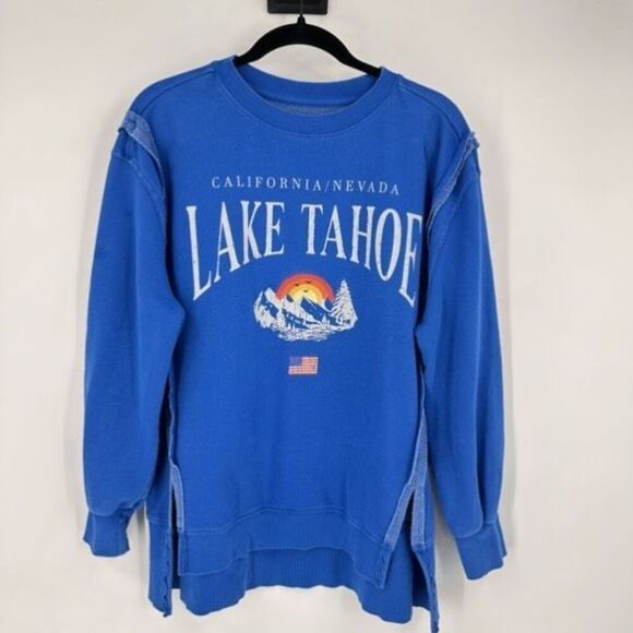 Goodie Two Sleeves Royal Blue Oversized Lake Tahoe Raw Seam Sweatshirt Medium - Picture 2 of 10